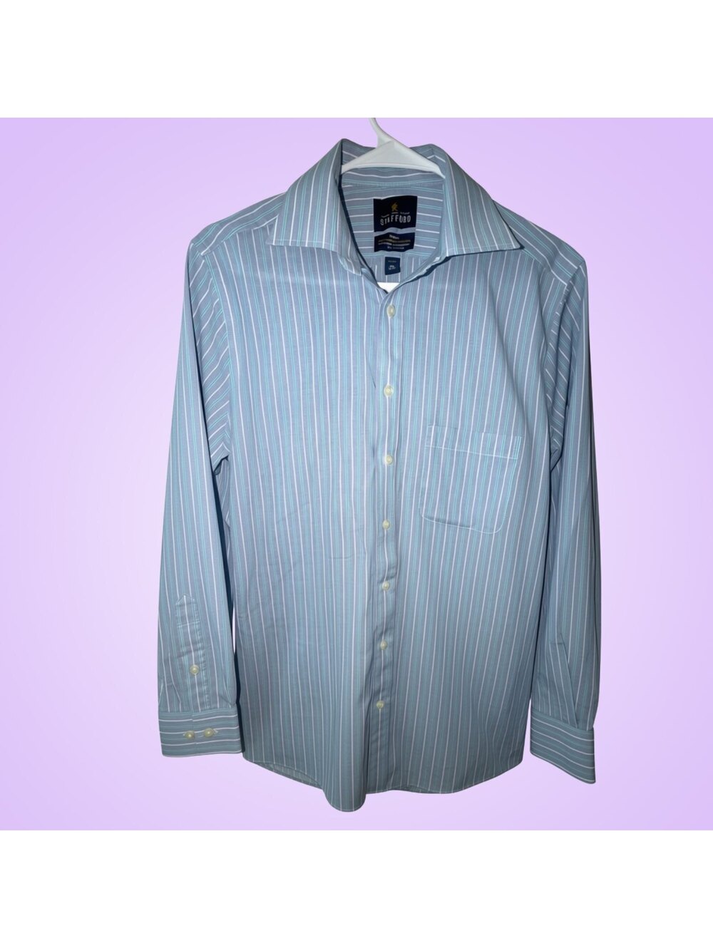 Stafford Men's 15 32/33 Fitted Blue Aqua Stripe Travel Dress Shirt Easy Care